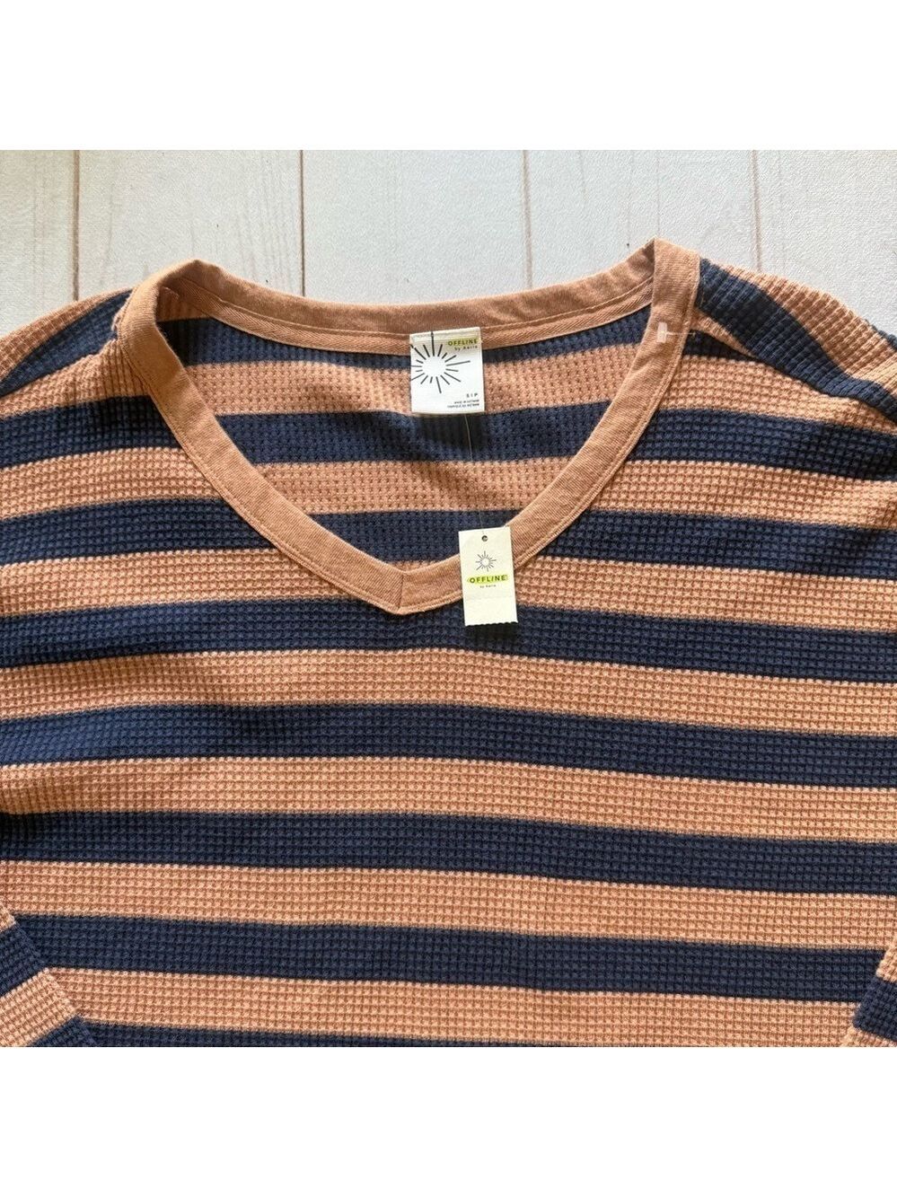NWT OFFLINE By Aerie Wow! Waffle Oversized T-Shirt Striped V-Neck Tan Sweater S - Picture 2 of 16